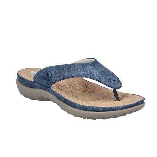 Blue toe post suede sandal with Rieker logo on side, beige footbed, blue midsole and grey outsole