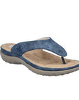 Blue toe post suede sandal with Rieker logo on side, beige footbed, blue midsole and grey outsole