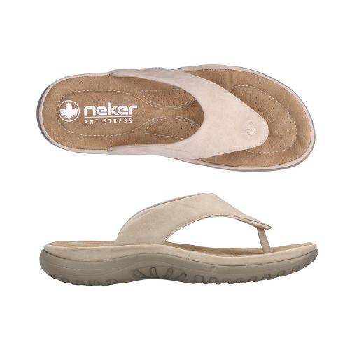 Pair of pink toe post suede sandal with Rieker logo on side, beige footbed, pink midsole and grey outsole