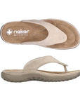 Pair of pink toe post suede sandal with Rieker logo on side, beige footbed, pink midsole and grey outsole