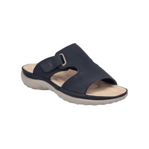 Rieker black slide sandal with Velcro loop closure, beige footbed and grey outsole.