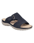 Rieker black slide sandal with Velcro loop closure, beige footbed and grey outsole.