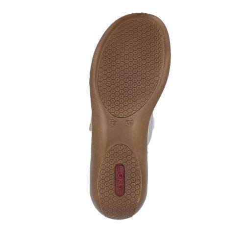 Brown outsole with hexagon pattern tread and red Rieker logo on heel.