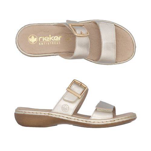 Pair of Rieker gold two Velcro strap slide sandals with gold buckle detail, beige logo'd footbed, beige midsole and brown outsole.