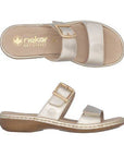 Pair of Rieker gold two Velcro strap slide sandals with gold buckle detail, beige logo'd footbed, beige midsole and brown outsole.