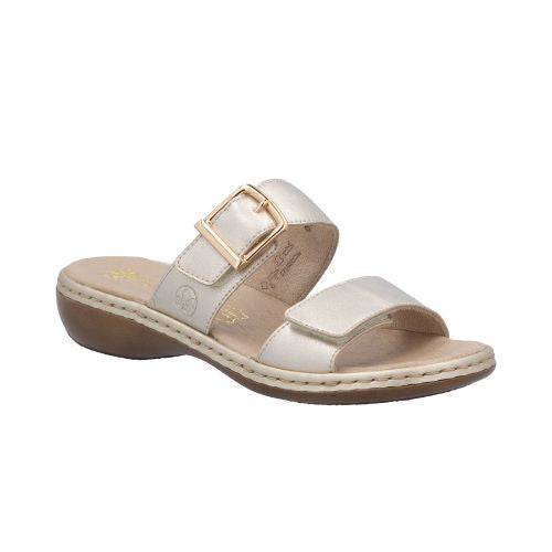 Rieker gold two Velcro strap slide sandal with gold buckle detail, beige logo&#39;d footbed, beige midsole and brown outsole.