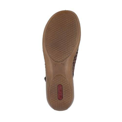 Brown hexagon treaded outsole with red Rieker logo on heel.