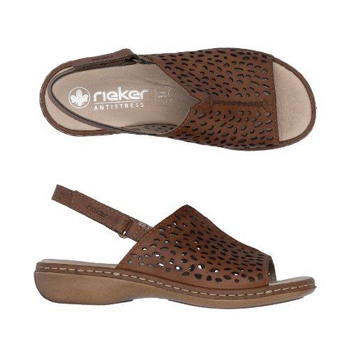 Pair of Rieker brown leather backstrap sandals with perforated front uppers, beige logo footbed and brown outsole.