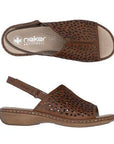 Pair of Rieker brown leather backstrap sandals with perforated front uppers, beige logo footbed and brown outsole.