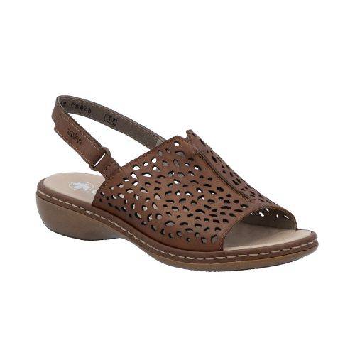 Rieker brown leather backstrap sandal with perforated front upper, beige logo footbed and brown outsole.