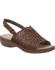 Rieker brown leather backstrap sandal with perforated front upper, beige logo footbed and brown outsole.