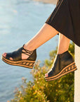 A person in a black skirt sits on a ledge wearing black platform wedge sandals with cut-out designs and cork soles.