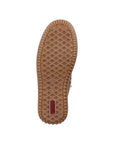 Diamond design tread on outsole of brown Rieker ankle boot. Red Rieker logo at heel of outsole