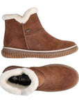 Top and profile of Brown ankle boot with white V-cut fur lining at the cuff, T-stitching accent in light tan thick thread. RiekerTex metal tab on side and Rieker logo on heel. Thick treaded tan outsole with thin white mid-sole. Foot bed is black with silver Rieker logo 