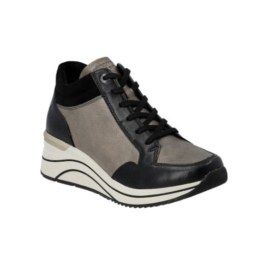 Gold Lace-up wedge sneakers have black laces, gold and black portions on the uppers. The wedge midsole is white with black wave lines and the outsole is black 