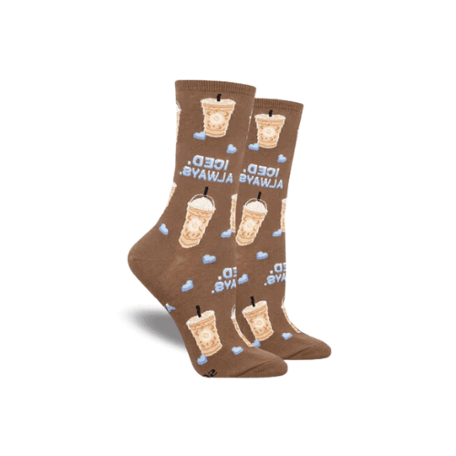 Socksmith Women&#39;s Iced Always Socks in brown with iced beverage design, featuring text &#39;Iced Always.&#39; Cotton crew socks fit U.S. women&#39;s shoe size 5-10.5.