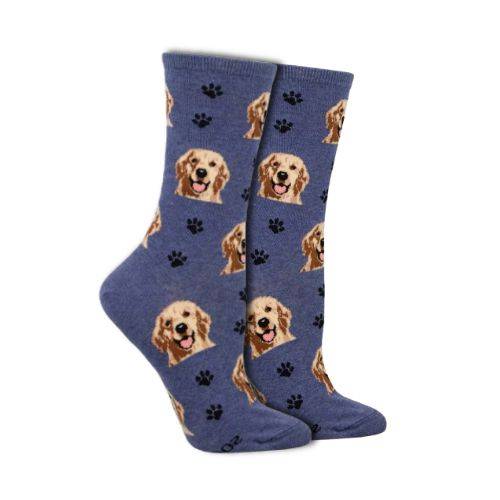 Women's blue socks with Golden Retriever design and paw prints.