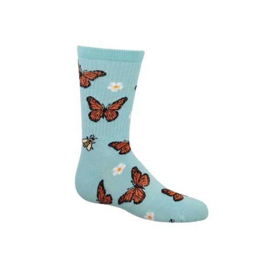 Light blue youth size socks with Monarchs, bees and daisys on them