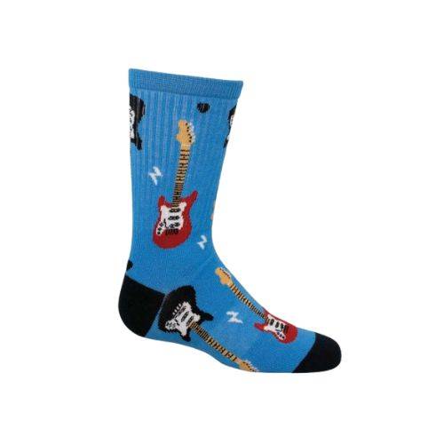 Socksmith Kids blue crew socks with red and black electric guitars and little lightening bolt icons. The toe and heel are black