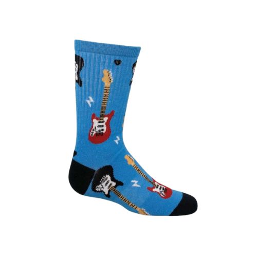 Kids blue crew socks with red and black electric guitars and little lightening bolt icons. The toe and heel are black