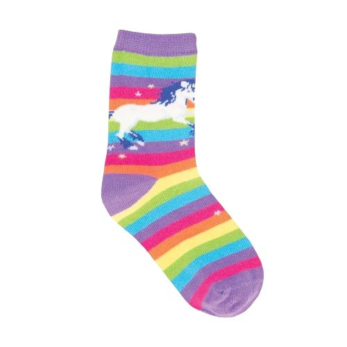 Youth rainbow socks with unicorn around the ankle