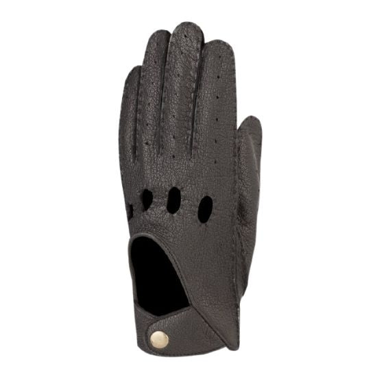 An Auclair black leather glove with knuckle cut outs and button clasp at cuff.