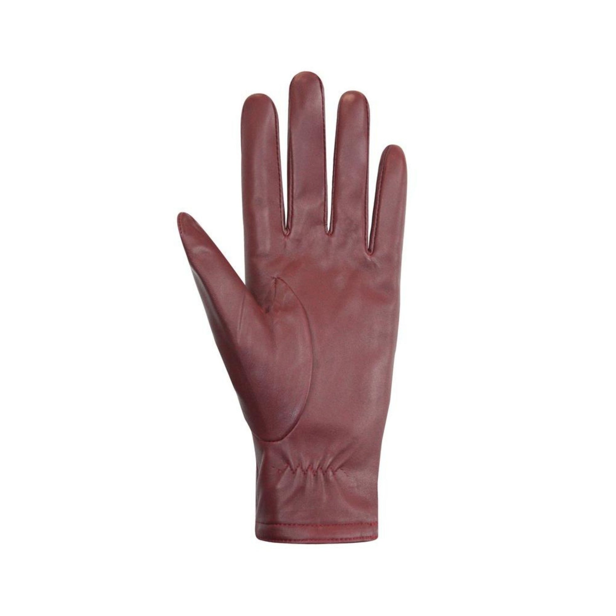 Palm of an Auclair burgundy glove with elastic cuff. 