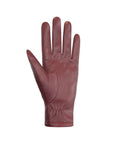 Palm of an Auclair burgundy glove with elastic cuff. 