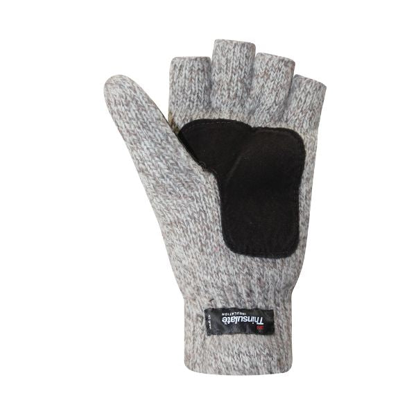 An Auclair grey wool fingerless glove with black suede palm has a Thinsulate logo on cuff.