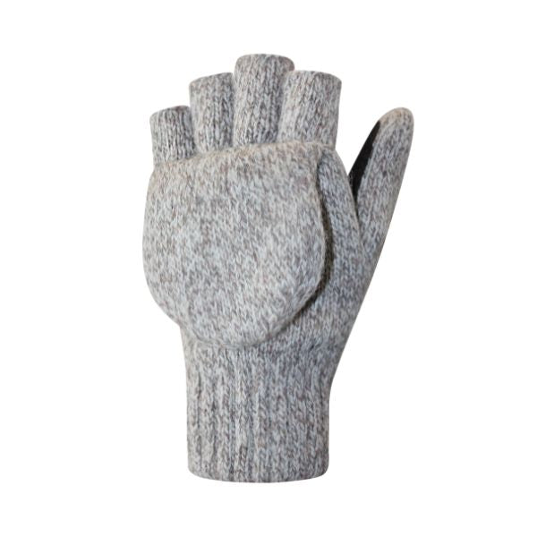 An Auclair grey wool fingerless glove with mitten flap velcroed open. 