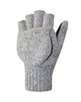 An Auclair grey wool fingerless glove with mitten flap velcroed open. 