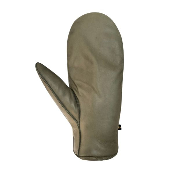 Palm of an Auclair khaki green leather mitten. 