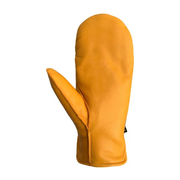 Palm of an Auclair mustard yellow leather mitten. 