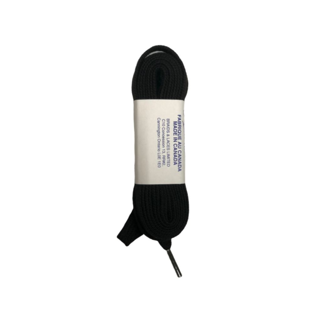 Flat black laces with white wrapping, measuring 84 inches.