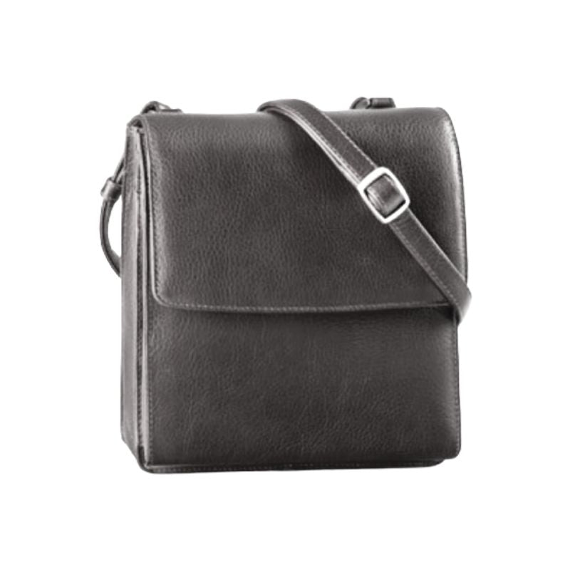 Half flap organizer bag in black. Black leather bag with flap closure and a detachable shoulder strap.