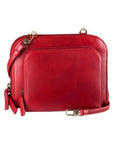 Red leather handbag with two wrap-around zippered compartments. Features a detachable shoulder strap. 