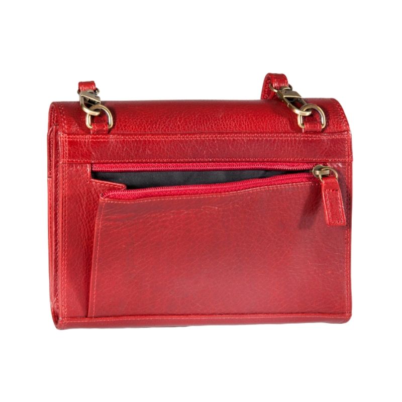 Rear exterior of the red leather organizer bag, displaying zippered pocket. 