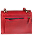 Rear exterior of the red leather organizer bag, displaying zippered pocket. 