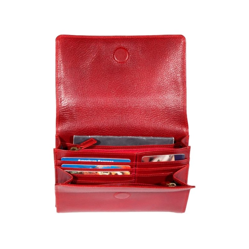 Interior of the red organizer bag, featuring many card slots and two zippered pockets. 