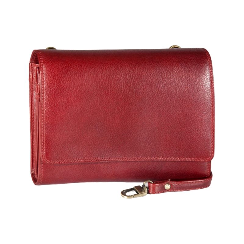 Red leather organizer bag with flap closure and a detachable shoulder strap.