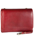 Red leather organizer bag with flap closure and a detachable shoulder strap.