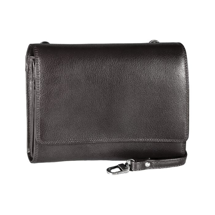 Black leather organizer bag with flap closure and a detachable shoulder strap. 