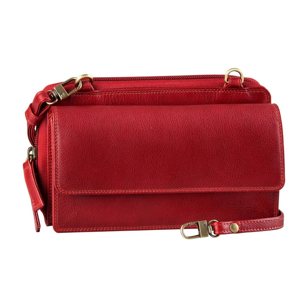 Small organizer bag in red. Red leather purse with front flap compartment and top zip closure. Features a removable shoulder strap with brass hardware. 