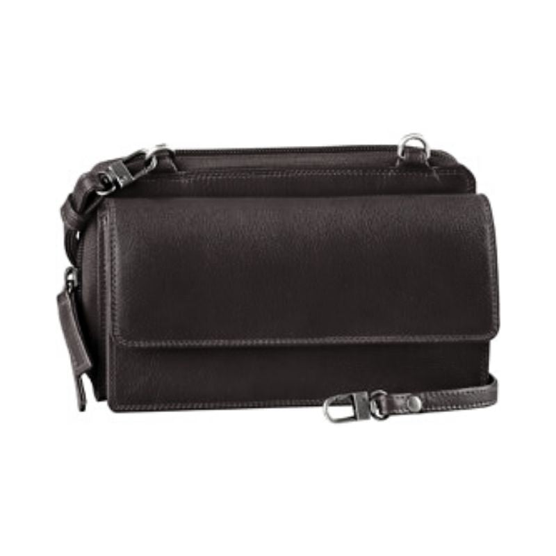 Small organizer bag in black. Black leather purse with a front flap compartment and top zip closure. Features a removable shoulder strap with silver hardware. 