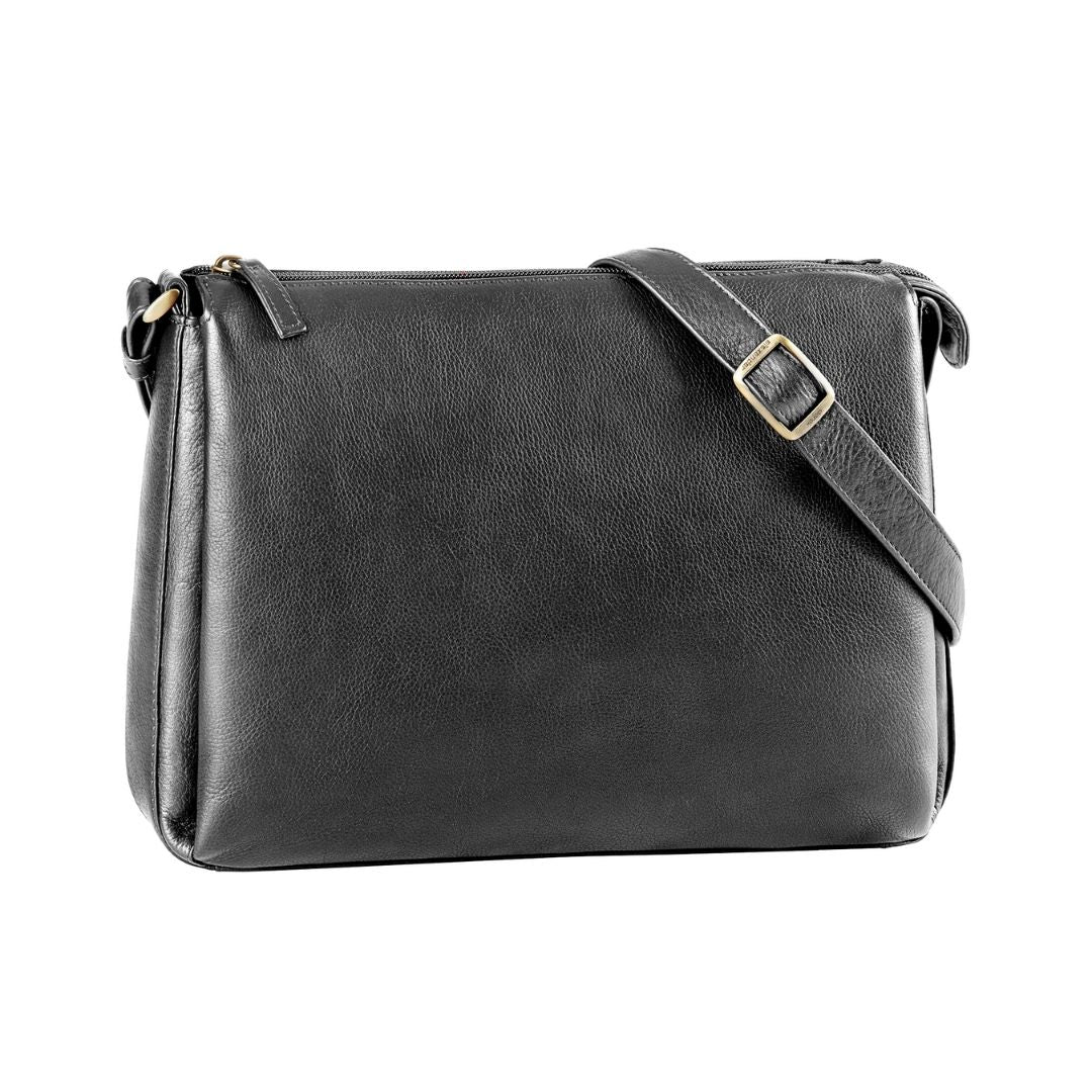 Black leather handbag with top zipper and adjustable shoulder strap.