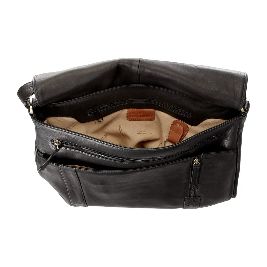 Interior view of the main compartment, showing multiple zippered pockets, a key ring, and an additional slip compartment. Lining is beige with Derek Alexander branding. 