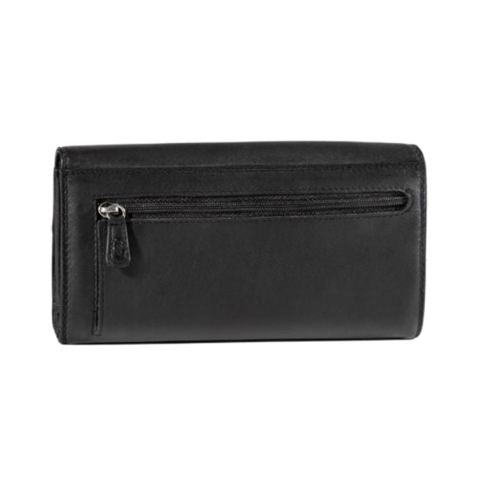 Rear exterior of black leather wallet, showing a zippered pocket.