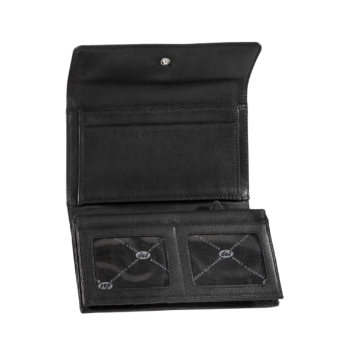 Interior of black leather wallet, showing large slip pockets, zippered pockets, and two ID windows. 