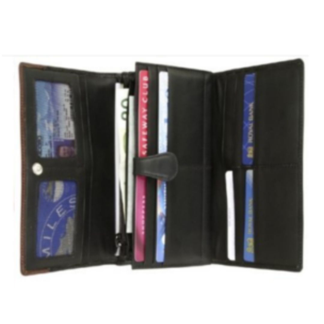 Interior of the wallet, lined in black leather, displaying the organizational features. 