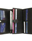 Interior of the wallet, lined in black leather, displaying the organizational features. 